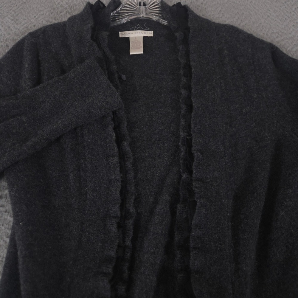 Sarah Spencer Sweater Womens L Cardigan Lambswool Angora Ruffle Trim Open Front